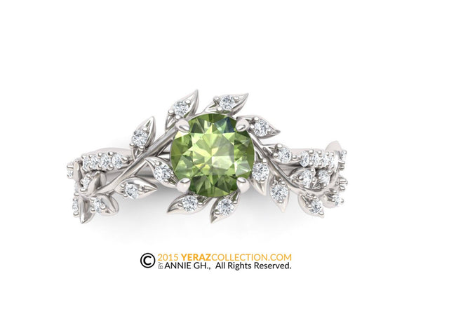 Leaf Engagement ring, White Gold 14k, Green Sapphire Engagement ring, Nature inspired Diamond Leaf ring, Bridal ring.