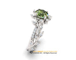 Leaf Engagement ring, White Gold 14k, Green Sapphire Engagement ring, Nature inspired Diamond Leaf ring, Bridal ring.