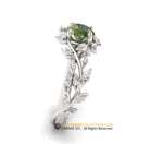 Leaf Engagement ring, White Gold 14k, Green Sapphire Engagement ring, Nature inspired Diamond Leaf ring, Bridal ring.