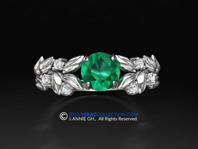 Leaf Engagement ring, 14k White Gold, Chatham Created Emerald, Nature inspired Diamond Leaf ring, Leaf Gold ring.