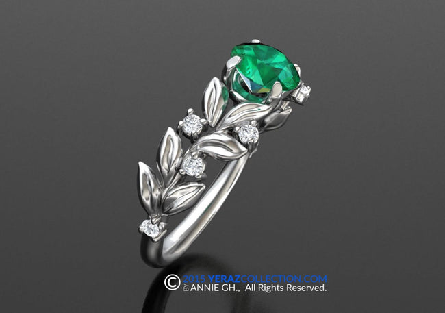 Leaf Engagement ring, 14k White Gold, Chatham Created Emerald, Nature inspired Diamond Leaf ring, Leaf Gold ring.