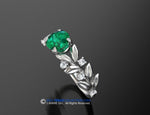 Leaf Engagement ring, 14k White Gold, Chatham Created Emerald, Nature inspired Diamond Leaf ring, Leaf Gold ring.