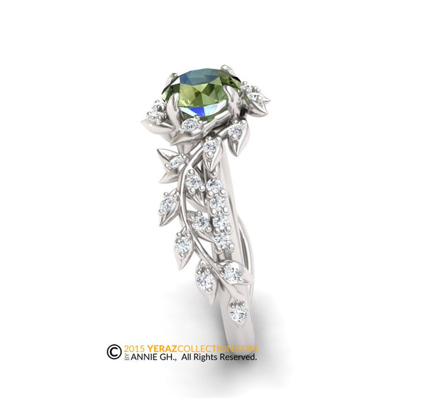 Leaf Engagement ring, White Gold 14k, Green Sapphire Engagement ring, Nature inspired Diamond Leaf ring, Bridal ring.