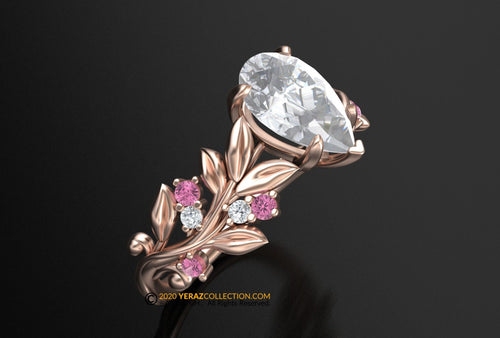 Leaf Engagement ring, Rose Gold 14k,  Pear Moissanite Ring, Nature inspired Leaf ring.