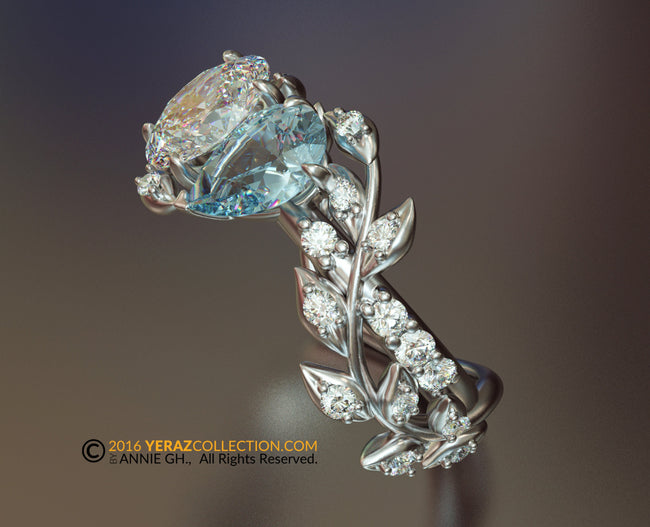 Toi Et Moi Ring, Leaf Engagement ring, White Gold 14k, Nature inspired  Leaf ring, Aquamarine And Moissanite Engagement Ring, Diamond Ring.