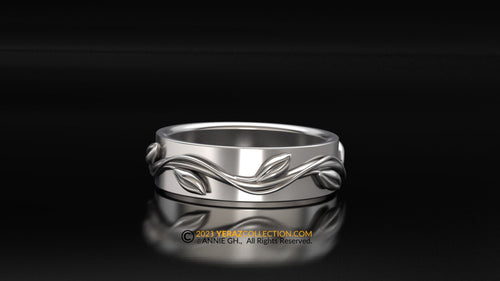 Elegant Men Wedding Band for Mother Nature lovers, 14K White Gold Men Wedding Ring, Men Gold band.