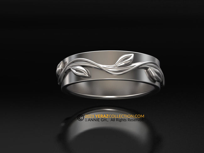 Elegant Men Wedding Band for Mother Nature lovers, 14K White Gold Men Wedding Ring, Men Gold band.