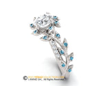 Leaf Engagement Ring,14k Gold, Moissanite as Center stone, Nature inspired Diamond ring, Swiss Blue Topaz leaf ring