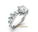 Leaf Engagement Ring,14k Gold, Moissanite as Center stone, Nature inspired Diamond ring, Swiss Blue Topaz leaf ring