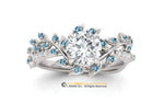 Leaf Engagement Ring,14k Gold, Moissanite as Center stone, Nature inspired Diamond ring, Swiss Blue Topaz leaf ring